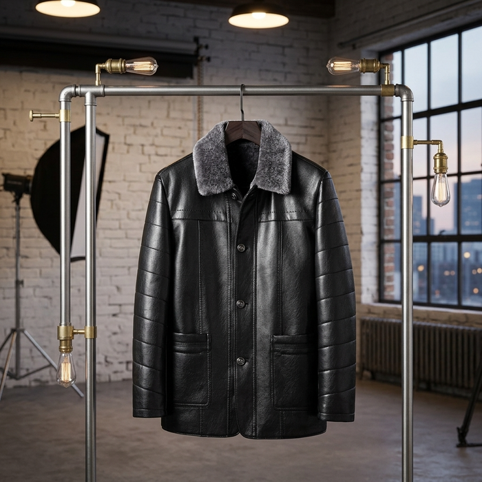 Men's Genuine Sheepskin Mid-Length Leather Coat – Fur-Lined Winter Jacket