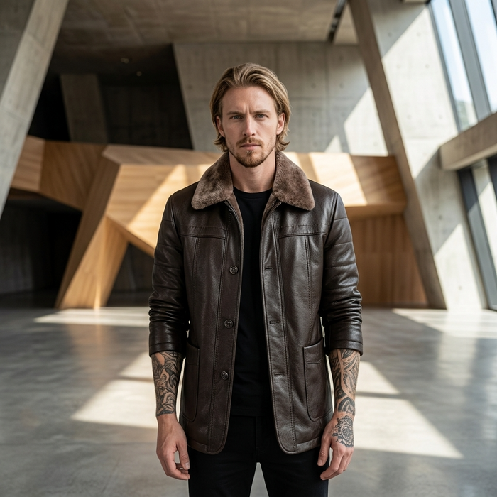 Men's Genuine Sheepskin Mid-Length Leather Coat – Fur-Lined Winter Jacket