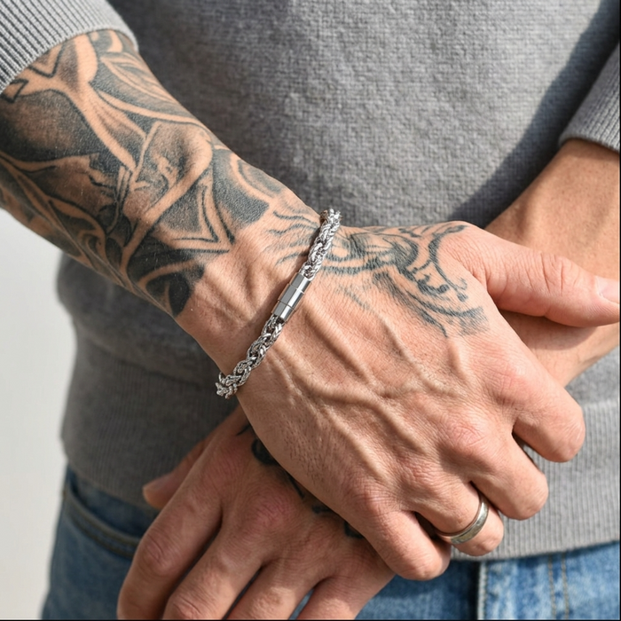 Men's Geometric Stainless Steel Bracelet – Mobius-Inspired Magnetic Clasp Hip-Hop Silver Bangle