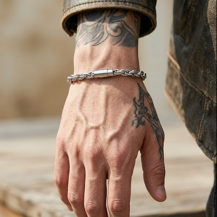 Men's Geometric Stainless Steel Bracelet – Mobius-Inspired Magnetic Clasp Hip-Hop Silver Bangle