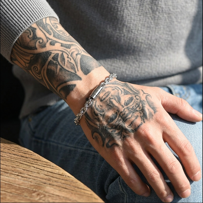 Men's Geometric Stainless Steel Bracelet – Mobius-Inspired Magnetic Clasp Hip-Hop Silver Bangle