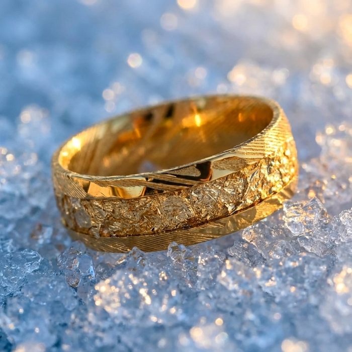 Men's Gold Foil Damascus Steel Ring – Gold-Plated Minimalist Wedding Band with Wavy Pattern Inlay