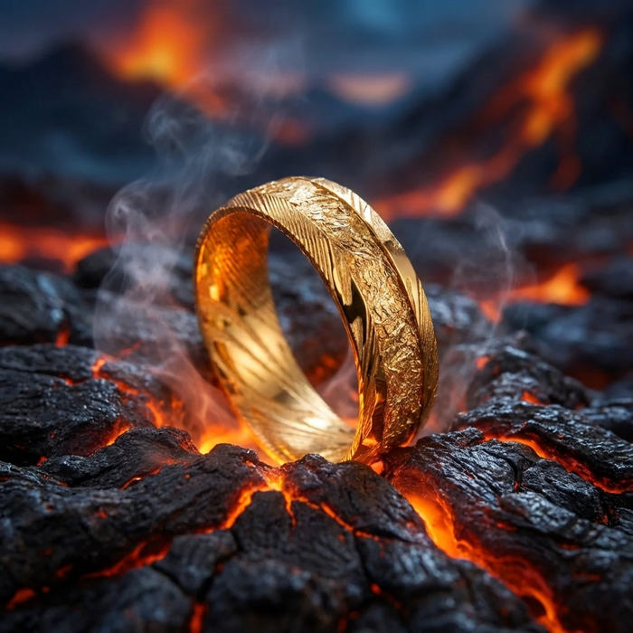 Men's Gold Foil Damascus Steel Ring – Gold-Plated Minimalist Wedding Band with Wavy Pattern Inlay