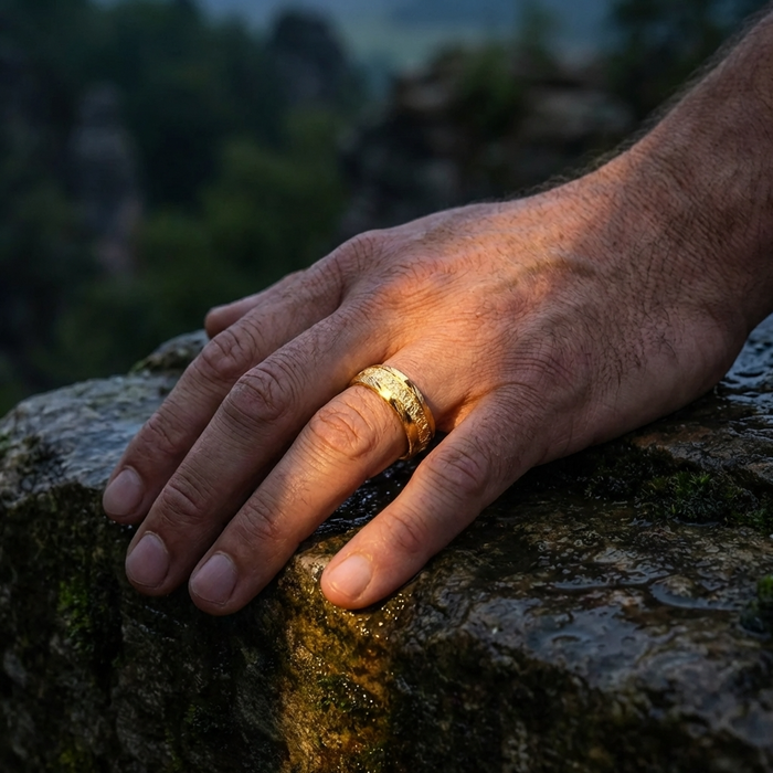 Men's Gold Foil Damascus Steel Ring – Gold-Plated Minimalist Wedding Band with Wavy Pattern Inlay