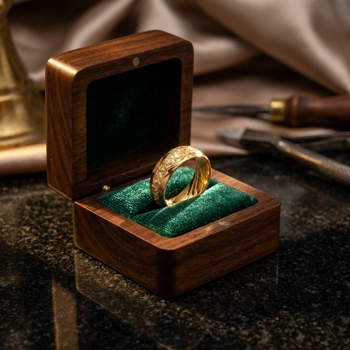Men's Gold Foil Damascus Steel Ring – Gold-Plated Minimalist Wedding Band with Wavy Pattern Inlay