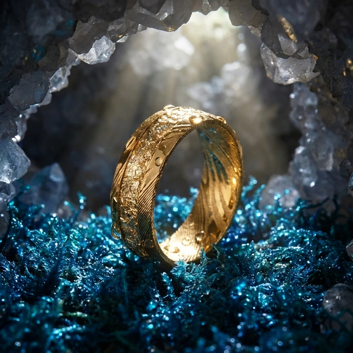 Men's Gold Foil Damascus Steel Ring – Gold-Plated Minimalist Wedding Band with Wavy Pattern Inlay