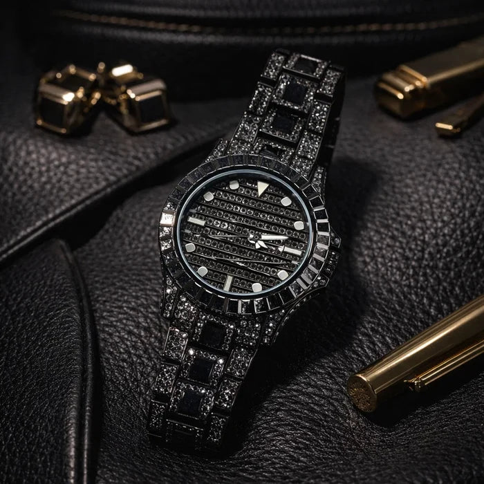 Men's Gold-Plated Quartz Watch – Black Diamond Dial, Butterfly Clasp, 43mm Chronograph