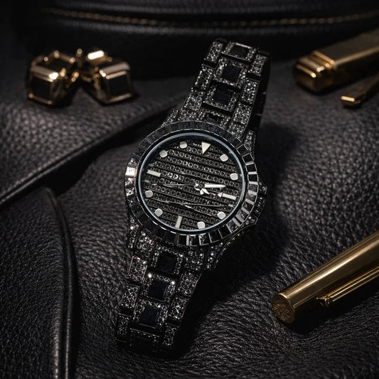 Men's Gold-Plated Quartz Watch – Black Diamond Dial, Butterfly Clasp, 43mm Chronograph
