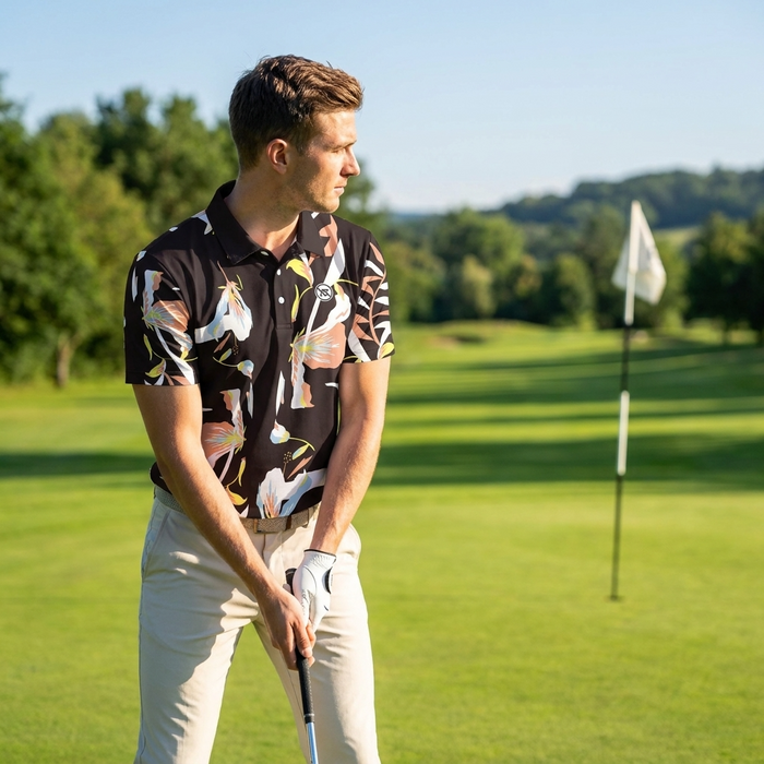 Men's Golf Print Short-Sleeve Polo Shirt – Breathable Cotton Spandex Floral Performance Top, S–5XL