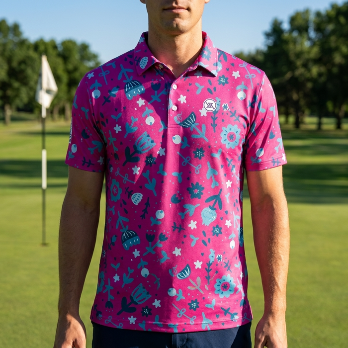 Men's Golf Print Short-Sleeve Polo Shirt – Breathable Cotton Spandex Floral Performance Top, S–5XL