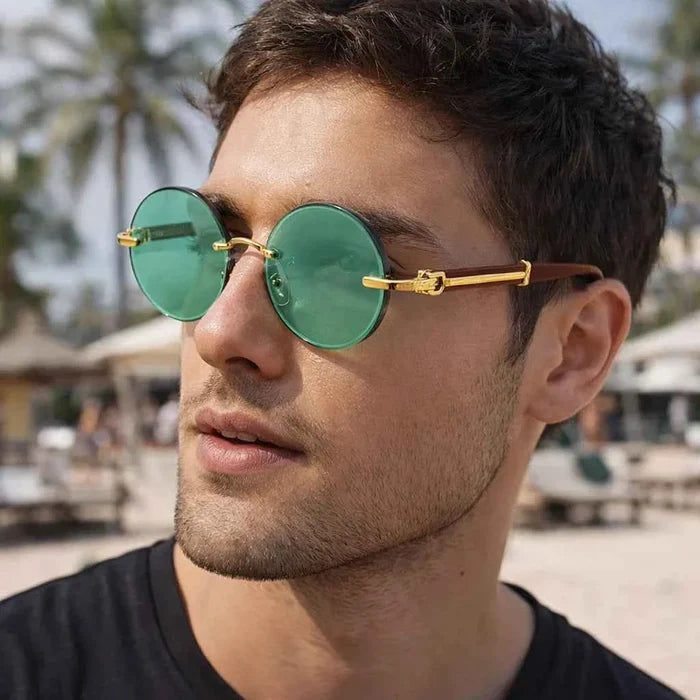 Men's Green Crystal Round Sunglasses – Gold Copper Alloy Frameless Retro UV375 Eyewear with Diamond-Cut Trim