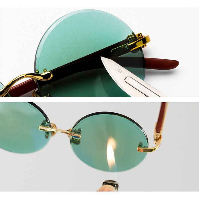 Men's Green Crystal Round Sunglasses – Gold Copper Alloy Frameless Retro UV375 Eyewear with Diamond-Cut Trim
