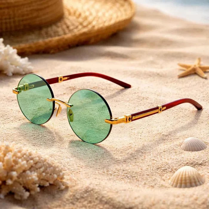 Men's Green Crystal Round Sunglasses – Gold Copper Alloy Frameless Retro UV375 Eyewear with Diamond-Cut Trim