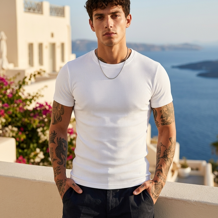 Men's Heavyweight Pure Cotton Ribbed T-Shirt - Slim Fit Crew Neck
