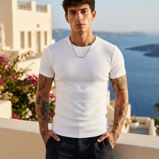 Men's Heavyweight Pure Cotton Ribbed T-Shirt - Slim Fit Crew Neck