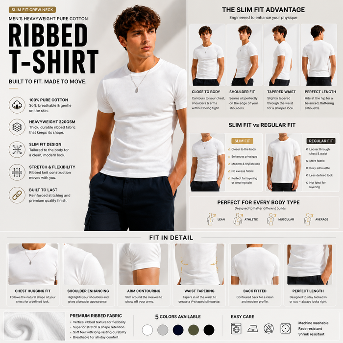 Men's Heavyweight Pure Cotton Ribbed T-Shirt - Slim Fit Crew Neck