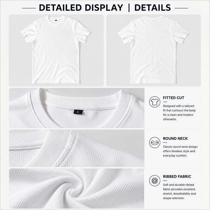 Men's Heavyweight Pure Cotton Ribbed T-Shirt - Slim Fit Crew Neck