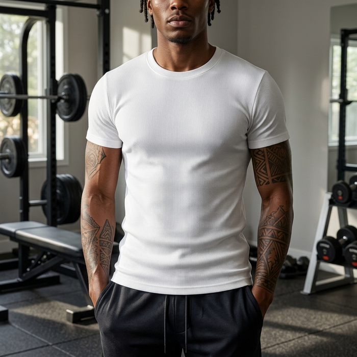 Men's Heavyweight Pure Cotton Ribbed T-Shirt - Slim Fit Crew Neck