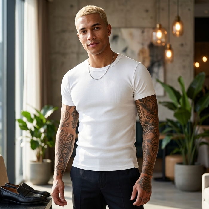 Men's Heavyweight Pure Cotton Ribbed T-Shirt - Slim Fit Crew Neck