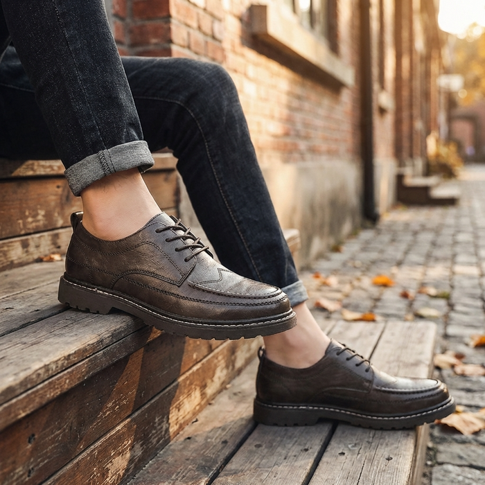 Men’s Height-Increasing Leather Shoes – Lace-Up Round Toe Business Casual Dress Shoes