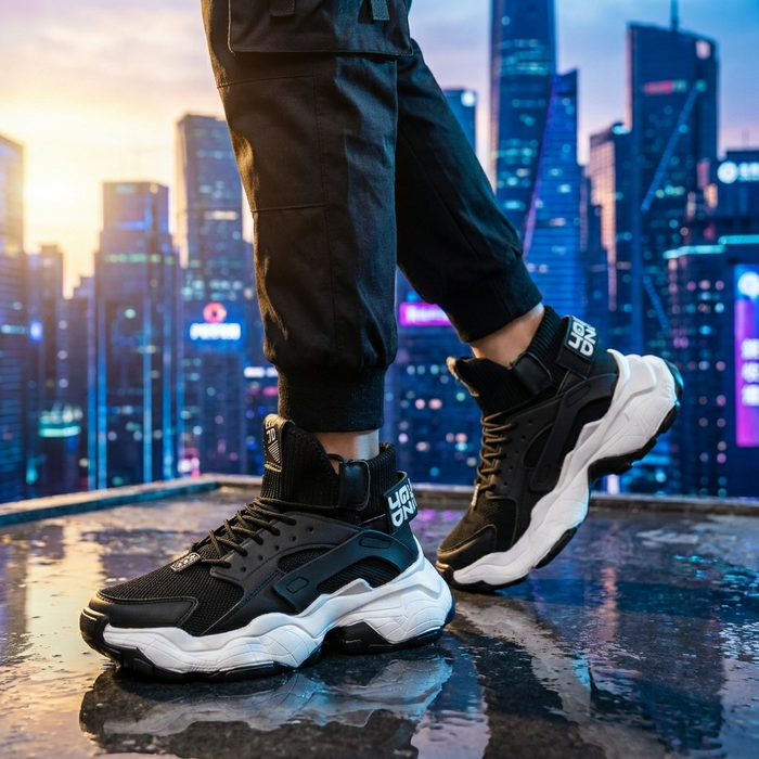 Men's High-Top Casual Sneakers with Thick Sole – Breathable Mesh Lace-Up Streetwear Platform Shoes