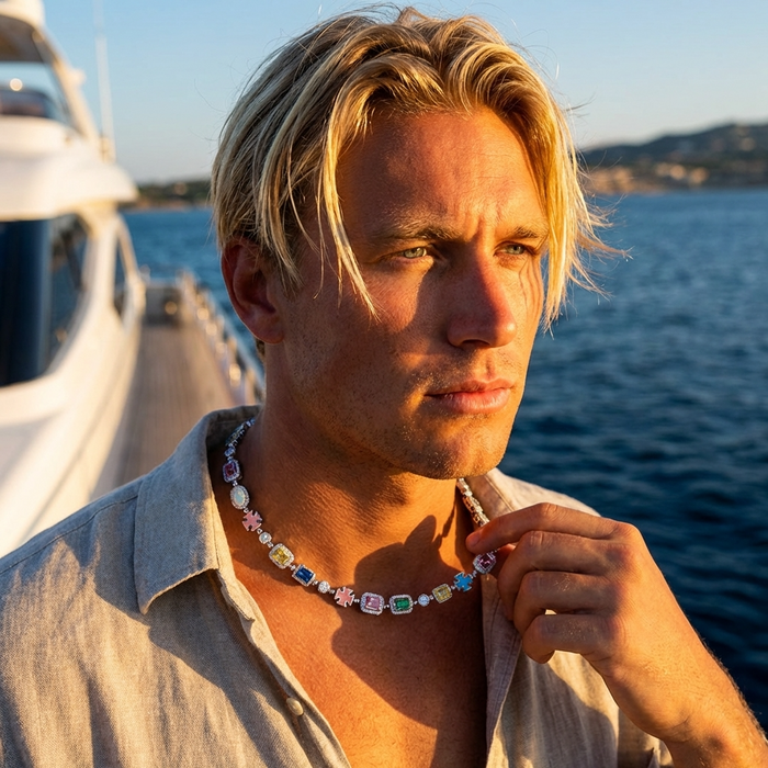 Men's Hip-Hop Cross Pendant Necklace – Gold-Plated Colorful Gemstone Clavicle Chain, 45cm/50cm