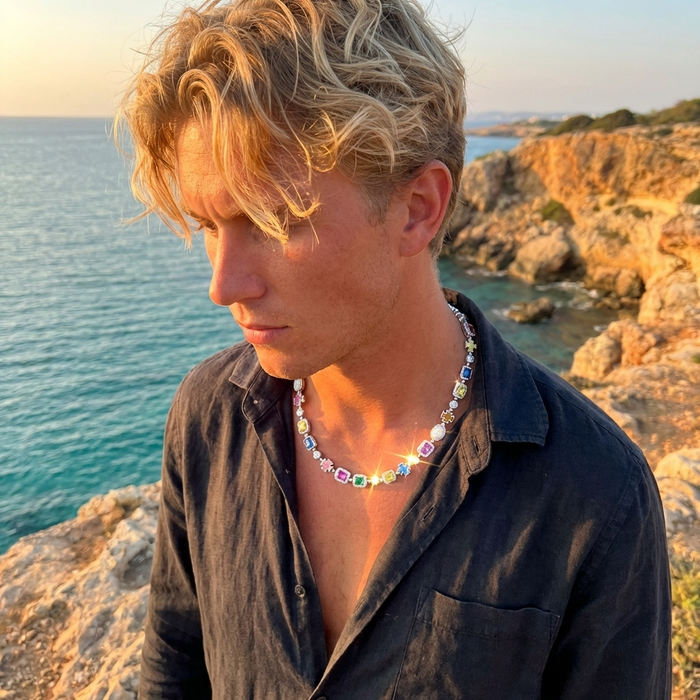 Men's Hip-Hop Cross Pendant Necklace – Gold-Plated Colorful Gemstone Clavicle Chain, 45cm/50cm