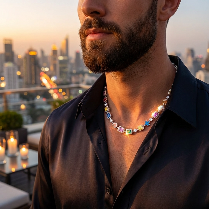 Men's Hip-Hop Cross Pendant Necklace – Gold-Plated Colorful Gemstone Clavicle Chain, 45cm/50cm
