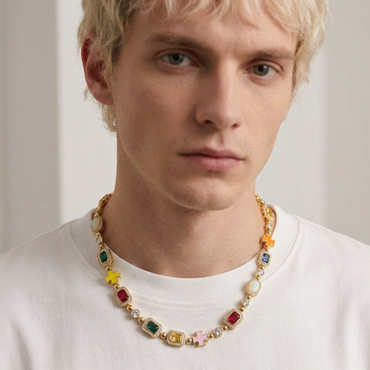 Men's Hip Hop Diamond Design Copper Necklace with Colorful Gemstone Accents