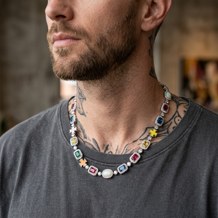 Men's Hip Hop Diamond Design Copper Necklace with Colorful Gemstone Accents