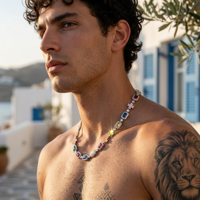 Men's Hip Hop Diamond Design Copper Necklace with Colorful Gemstone Accents