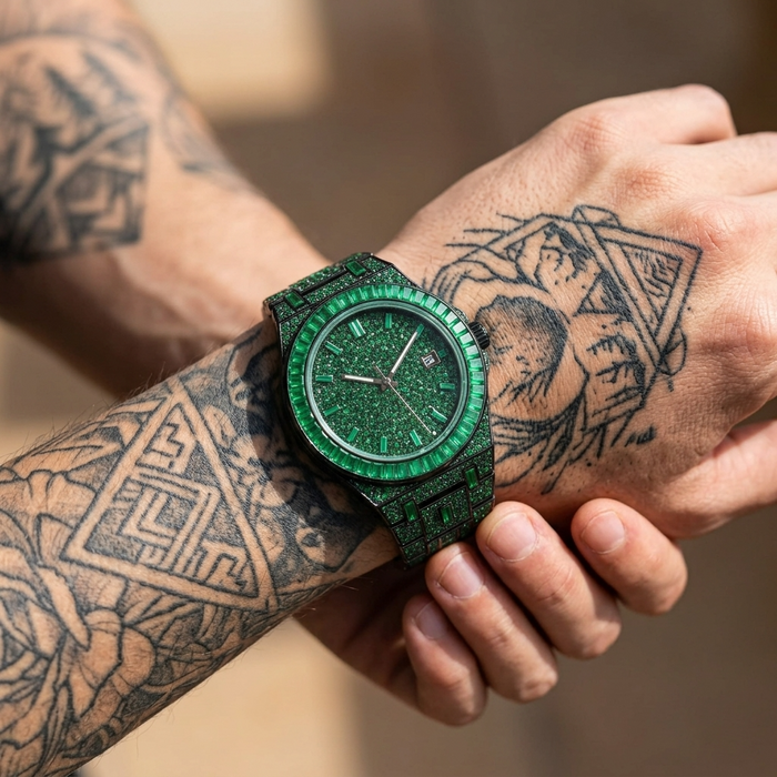 Men's Hip-Hop Full Rhinestone Quartz Watch , Luxury Green Alloy Fashion Timepiece