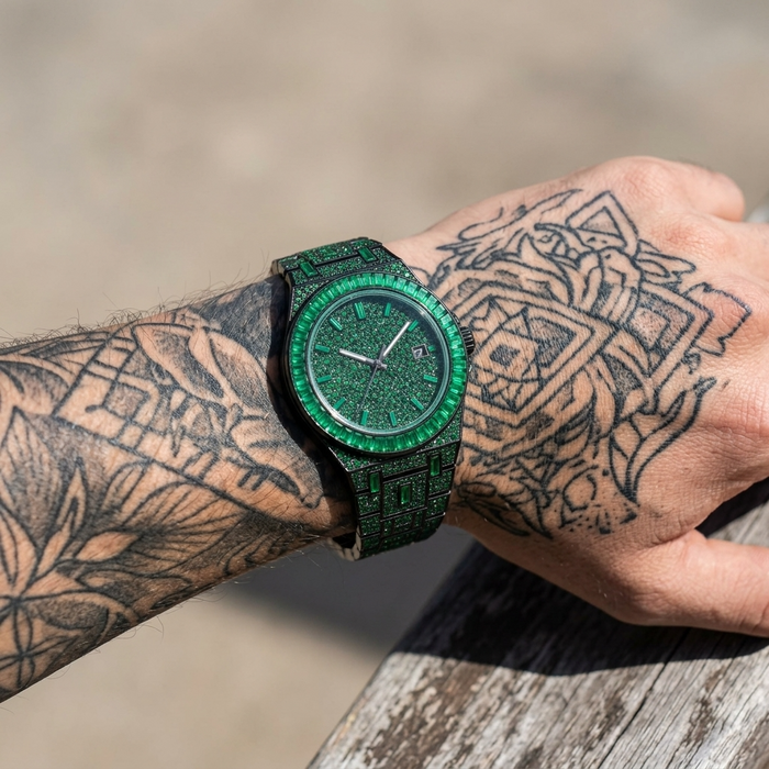 Men's Hip-Hop Full Rhinestone Quartz Watch , Luxury Green Alloy Fashion Timepiece
