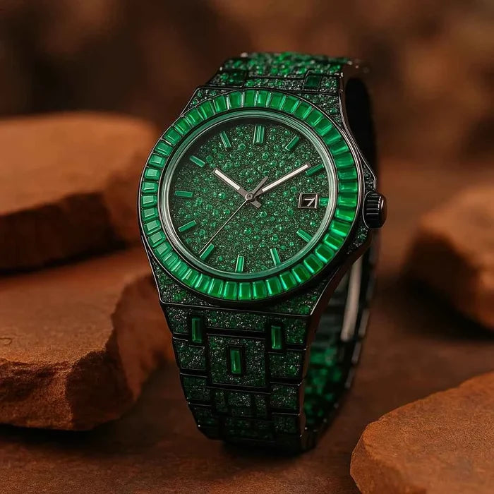 Men's Hip-Hop Full Rhinestone Quartz Watch , Luxury Green Alloy Fashion Timepiece