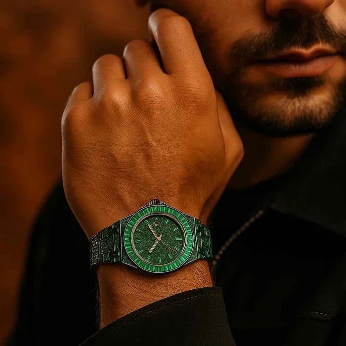 Men's Hip-Hop Full Rhinestone Quartz Watch , Luxury Green Alloy Fashion Timepiece