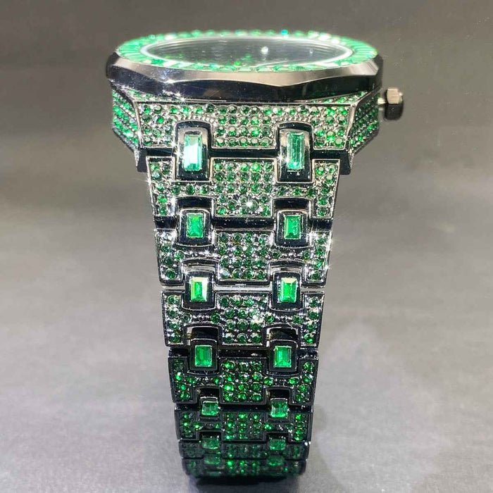 Men's Hip-Hop Full Rhinestone Quartz Watch , Luxury Green Alloy Fashion Timepiece