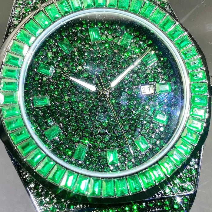 Men's Hip-Hop Full Rhinestone Quartz Watch , Luxury Green Alloy Fashion Timepiece