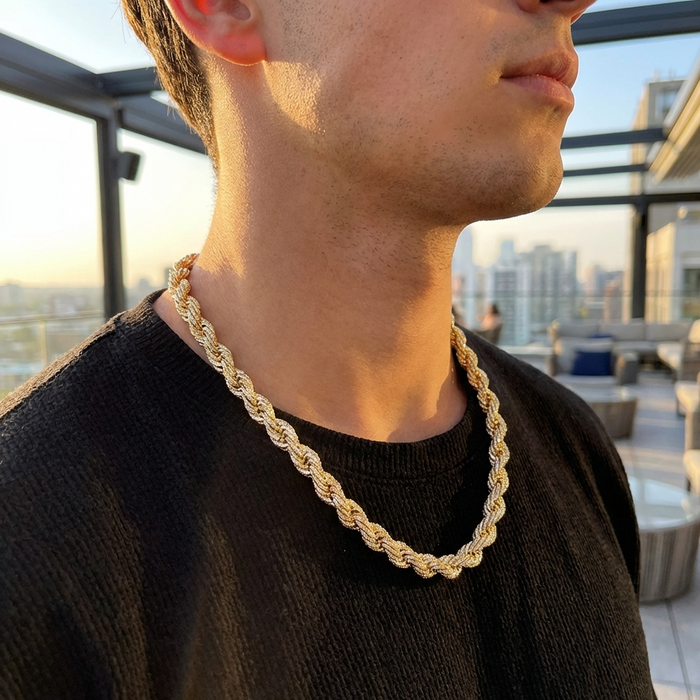 Men's Hip-Hop Twist Chain Necklace – Geometric Diamond-Encrusted Chain with Thick Rope Design, Gold/Silver Finish & Bold Street Style