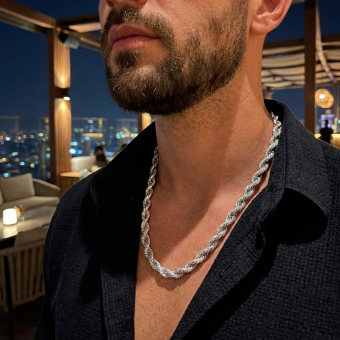 Men's Hip-Hop Twist Chain Necklace – Geometric Diamond-Encrusted Chain with Thick Rope Design, Gold/Silver Finish & Bold Street Style