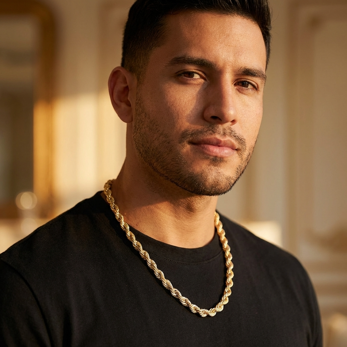 Men's Hip-Hop Twist Chain Necklace – Geometric Diamond-Encrusted Chain with Thick Rope Design, Gold/Silver Finish & Bold Street Style