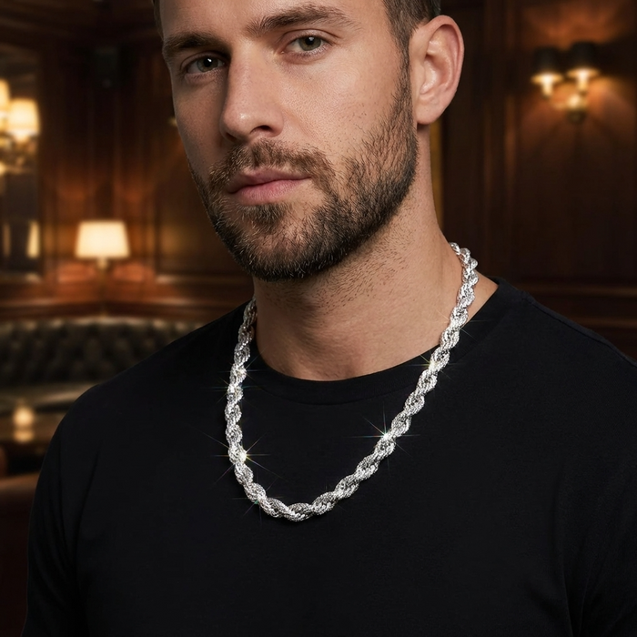 Men's Hip-Hop Twist Chain Necklace – Geometric Diamond-Encrusted Chain with Thick Rope Design, Gold/Silver Finish & Bold Street Style