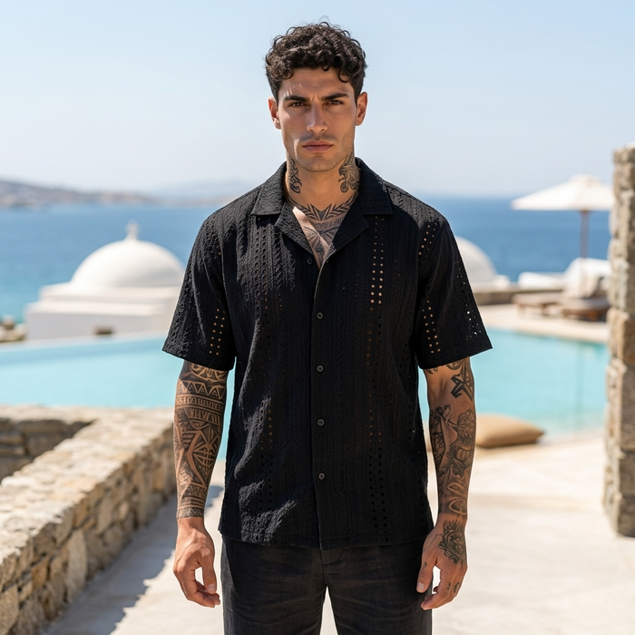 Men's Hollow Cut-Out Cuban Collar Shirt – Loose Fit Short Sleeve