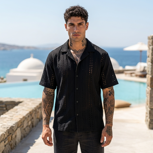 Men's Hollow Cut-Out Cuban Collar Shirt – Loose Fit Short Sleeve