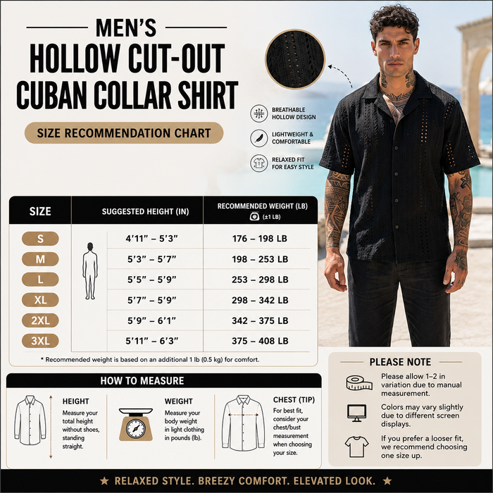 Men's Hollow Cut-Out Cuban Collar Shirt – Loose Fit Short Sleeve