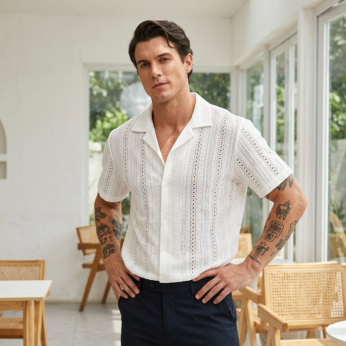 Men's Hollow Cut-Out Cuban Collar Shirt – Loose Fit Short Sleeve