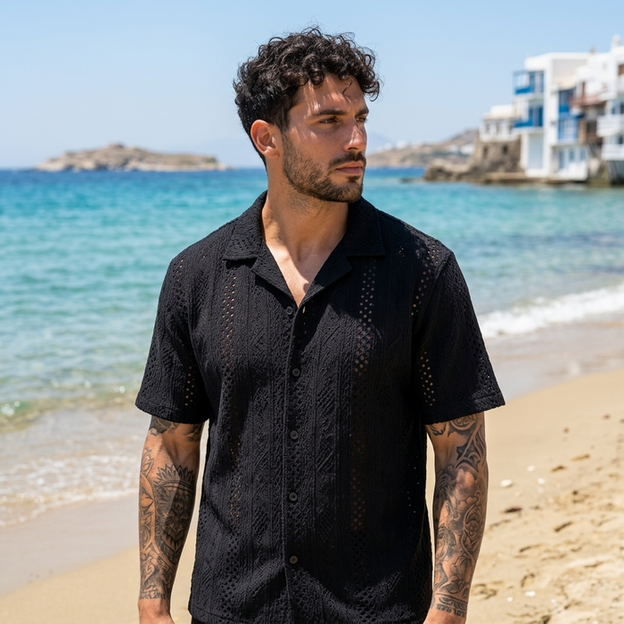 Men's Hollow Cut-Out Cuban Collar Shirt – Loose Fit Short Sleeve