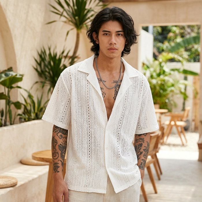 Men's Hollow Cut-Out Cuban Collar Shirt – Loose Fit Short Sleeve