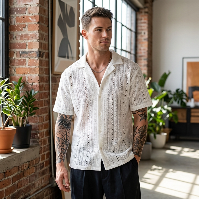 Men's Hollow Cut-Out Cuban Collar Shirt – Loose Fit Short Sleeve