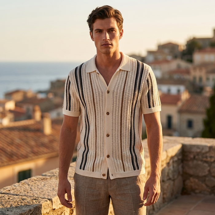 Men’s Hollow Knitted Polo Shirt – Breathable Ice Silk Short Sleeve Polo with Striped Design, Stretch Fit & Summer Casual Style