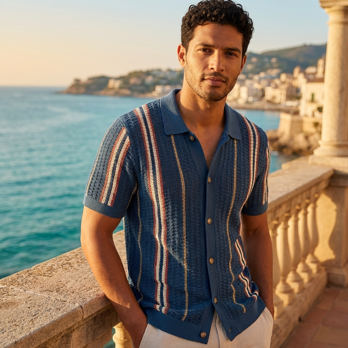 Men’s Hollow Knitted Polo Shirt – Breathable Ice Silk Short Sleeve Polo with Striped Design, Stretch Fit & Summer Casual Style
